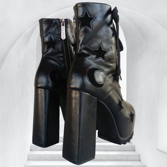 KILLSTAR 7 BLACK PLATFORM ANKLE BOOTS STARGAZER CRESCENT MOON STARS goth - Picture 6 of 15